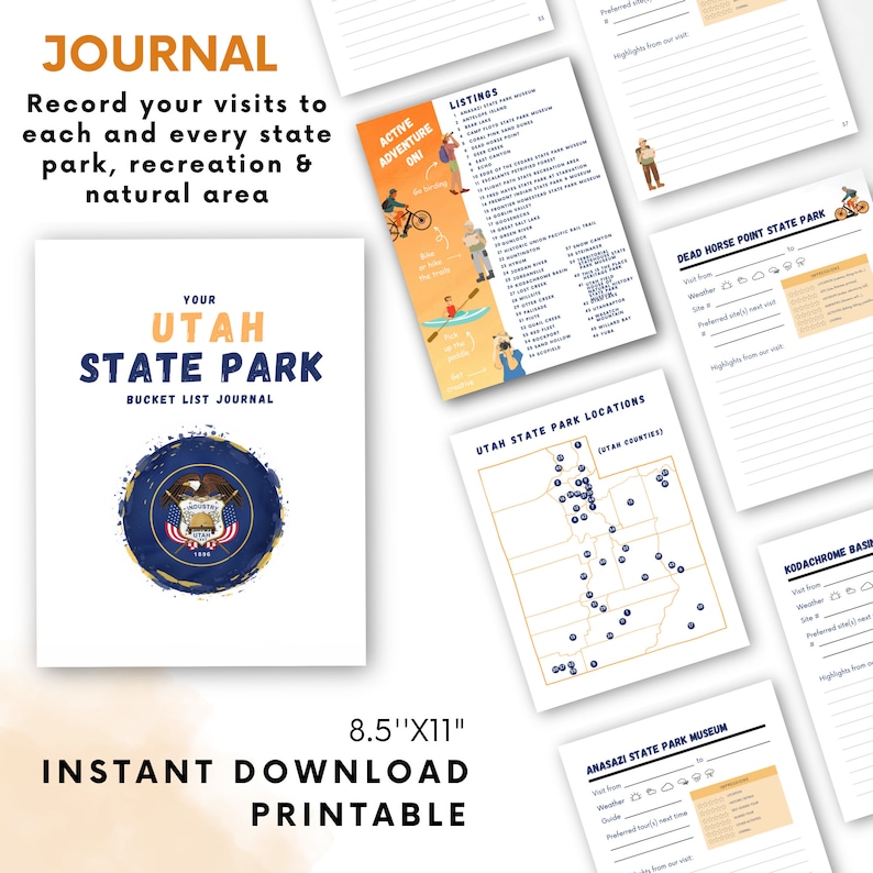 Utah Travel Planner and Utah State Park Tracker Printable Adventure Journal 50 Pages with Park Map & Journaling Prompts image 2
