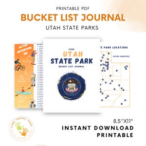 May include: Printable bucket list journal for Utah State Parks. The journal features a map of Utah with the locations of each state park marked. The cover of the journal features a watercolor-style illustration of the Utah state seal.