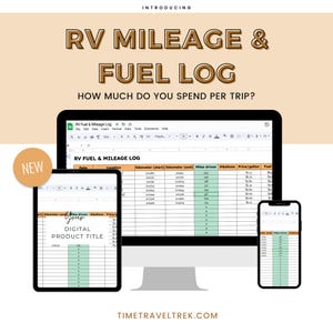 May include: A digital RV mileage and fuel log displayed on a computer monitor, tablet, and smartphone. The text reads "RV MILEAGE & FUEL LOG" and "HOW MUCH DO YOU SPEND PER TRIP?" A "NEW" sticker is in the corner. The website is timetraveltrek.com.