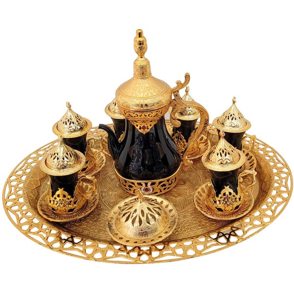 Traditional Ottaman Turkish Tea Set, Set of 27 pieces, Antique Black/Gold