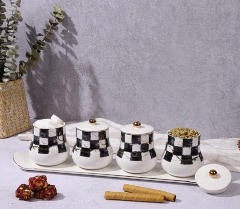 9 Piece Black and White Checker Gold Canister Set With Tray Etsy