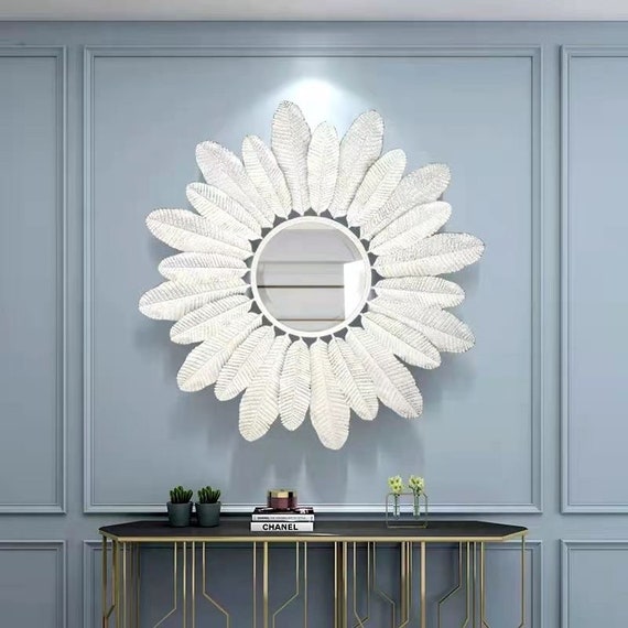 Antique Wall Mirror Creative White Feather Round Wall Mirror 