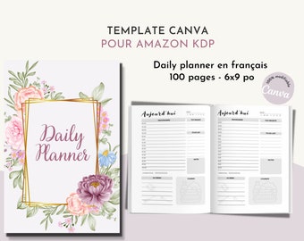 Planner Quotidien / Daily Planner sin fecha en francés, 6x9 pulg. Plantilla CANVA para KDP. Interior de libro de bajo contenido de KDP, plantilla Canva