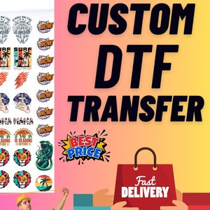 May include: A colorful image advertising custom DTF transfers. The image features a variety of designs, including a bike, a surfboard, a palm tree, a lion, and a snake. The text "CUSTOM DTF TRANSFER" is displayed in large, bold letters. The text "BEST PRICE" is displayed in a speech bubble. A red shopping bag with the text "Fast DELIVERY" is shown in the lower right corner of the image. The text "22" is displayed in the lower left corner of the image.