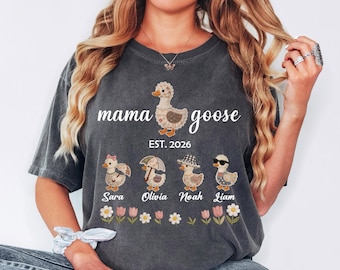 Comfort Colors® Personalized Mom Duck Shirt With Kids Names, Custom Mama Goose Family Shirt, Mama Goose Shirt, Mother Goose Mom Gift