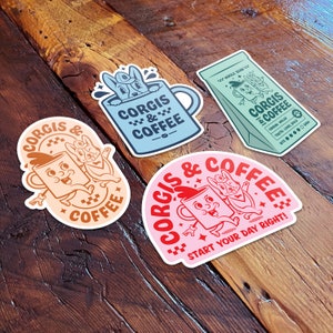 Corgis & Coffee Vinyl Sticker 4 Pack