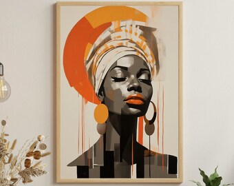 Può includere: Stampa artistica raffigurante una donna con gli occhi chiusi, che indossa un copricapo e grandi orecchini a cerchio. L'opera utilizza una tavolozza di arancione, nero e crema, con cornice in legno.