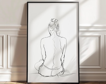 Stampa artistica di disegno di donna, arte di linea di donna minimalista, stampa astratta del corpo di donna, arte della parete della galleria del museo espositivo, arte della figura femminile