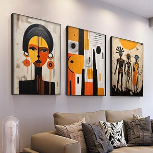 Abstract Ethnic African Wall Art Set, Modern African American art set of 3, Afro Bohemian Decor, Black Woman Art, Boho Minimalist Art