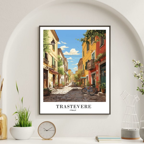 Impression d'affiche de voyage Trastevere Rome, affiche de voyage en Italie, décoration d'art maison, arts muraux Italie, impression numérique Trastevere de Rome, art mural Rome