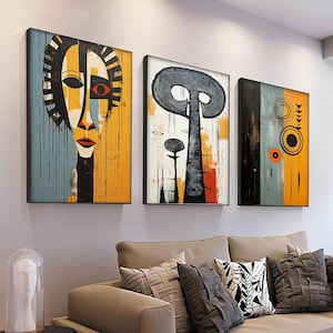 Modern African American art set of 3, Afro Bohemian Decor, Black Woman Art, Abstract Ethnic African Wall Art Set, Boho Minimalist Art
