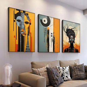 Moderne afroamerikanische Kunst 3er Set, ethnische Kunstdrucke, Boho Wandkunst, abstrakte ethnische, afrikanische Wandkunst Set, schwarze Frau Kunst, Boho Dekor