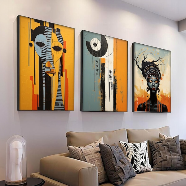 Modern African American art set of 3,  Ethnic Art Prints, Boho Wall Art, Abstract Ethnic, African Wall Art Set, Black Woman Art, Boho Decor