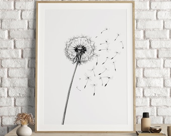 Dandelion Print, Dandelion Wall Art, Flower Print, Flower Wall Art, Black and White Art, Flower Wall Art, Minimalist Poster, Sketch Art