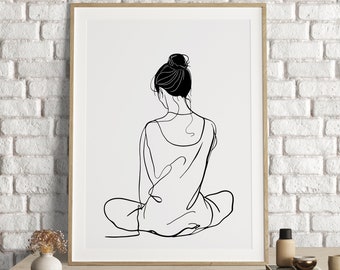 Stampa artistica linea donna, arte minimalista della parete della donna, schizzo astratto del corpo della donna con una linea, arte della parete della Galleria del Museo dell'esposizione, disegno del corpo femminile