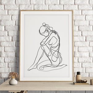 Abstract One Line Woman Art Print, Minimalist Woman Wall Art, Woman Line Art Print, Naked Female Body Sketch, Exhibition Museum Wall Art