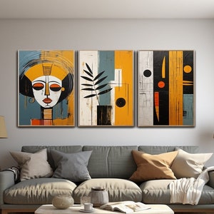Modern African American art set of 3, Afro Bohemian Decor, Black Woman Art, Abstract Ethnic African Wall Art Set, Boho Minimalist Art