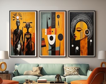 African Wall Art Set, Black Woman Art, Boho Decor ,Modern African American art set of 3,  Boho Art Prints, Boho Wall Art, Abstract Ethnic