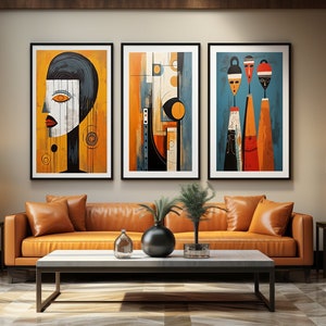 Abstract Ethnic African Wall Art Set, Modern African American art set of 3, Afro Bohemian Decor, Black Woman Art, Boho Minimalist Art