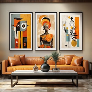 Abstract Ethnic African Wall Art Set, Modern African American art set of 3, Afro Bohemian Decor, Black Woman Art, Boho Home Decor