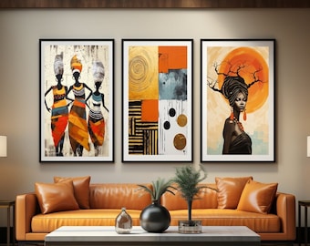 Modern African American art set of 3, African Wall Art Set, Black Woman Art, Boho Decor ,Boho Art Prints, Boho Wall Art, Abstract Ethnic