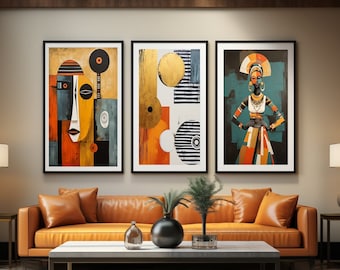African Wall Art Set, Black Woman Art, Modern African American art set of 3, Boho Decor ,Boho Art Prints, Boho Wall Art, Abstract Ethnic Art