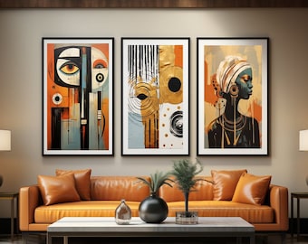 Modern African American art set of 3, African Wall Art Set, Black Woman Art, Boho Decor ,Boho Art Prints, Boho Wall Art, Abstract Ethnic Art