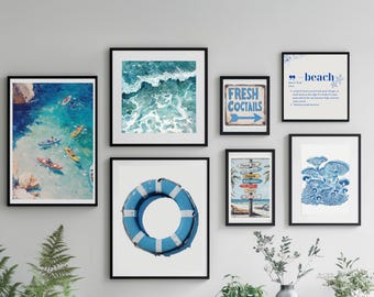 Juego de 7 impresiones de arte de pared costero, impresiones de arte de verano, decoración de arte de pared de casa de playa, decoración náutica, impresión de arte de pared del océano, arte de pared ecléctico