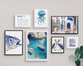 Juego de 7 impresiones de arte de pared costero, arte de pared de paisaje marino, decoración de arte de pared de casa de playa, arte de playa boho, impresión de arte de pared oceánica, pinturas costeras