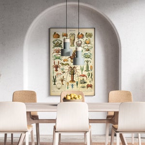 Puede incluir: Un comedor con una mesa y sillas de madera, y una impresi&oacute;n vintage enmarcada de vida marina en la pared. Dos l&aacute;mparas colgantes cuelgan sobre la mesa. Un cuenco de limones est&aacute; sobre la mesa.