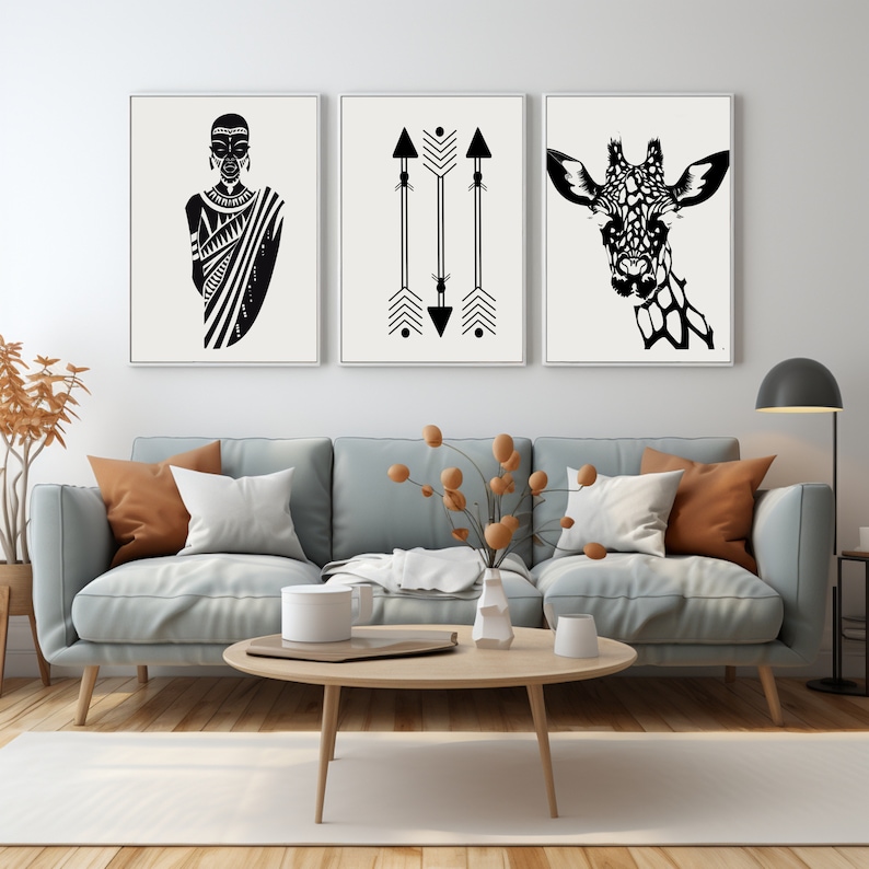 African Art Print Set of Three, Tribal Black and White Wall Art, Afro ...