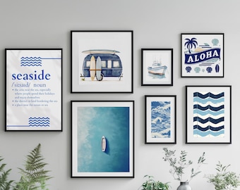 Juego de 7 impresiones de arte de pared costero, impresiones de arte de verano, decoración de arte de pared de casa de playa, decoración náutica, impresión de arte de pared del océano, arte de pared ecléctico