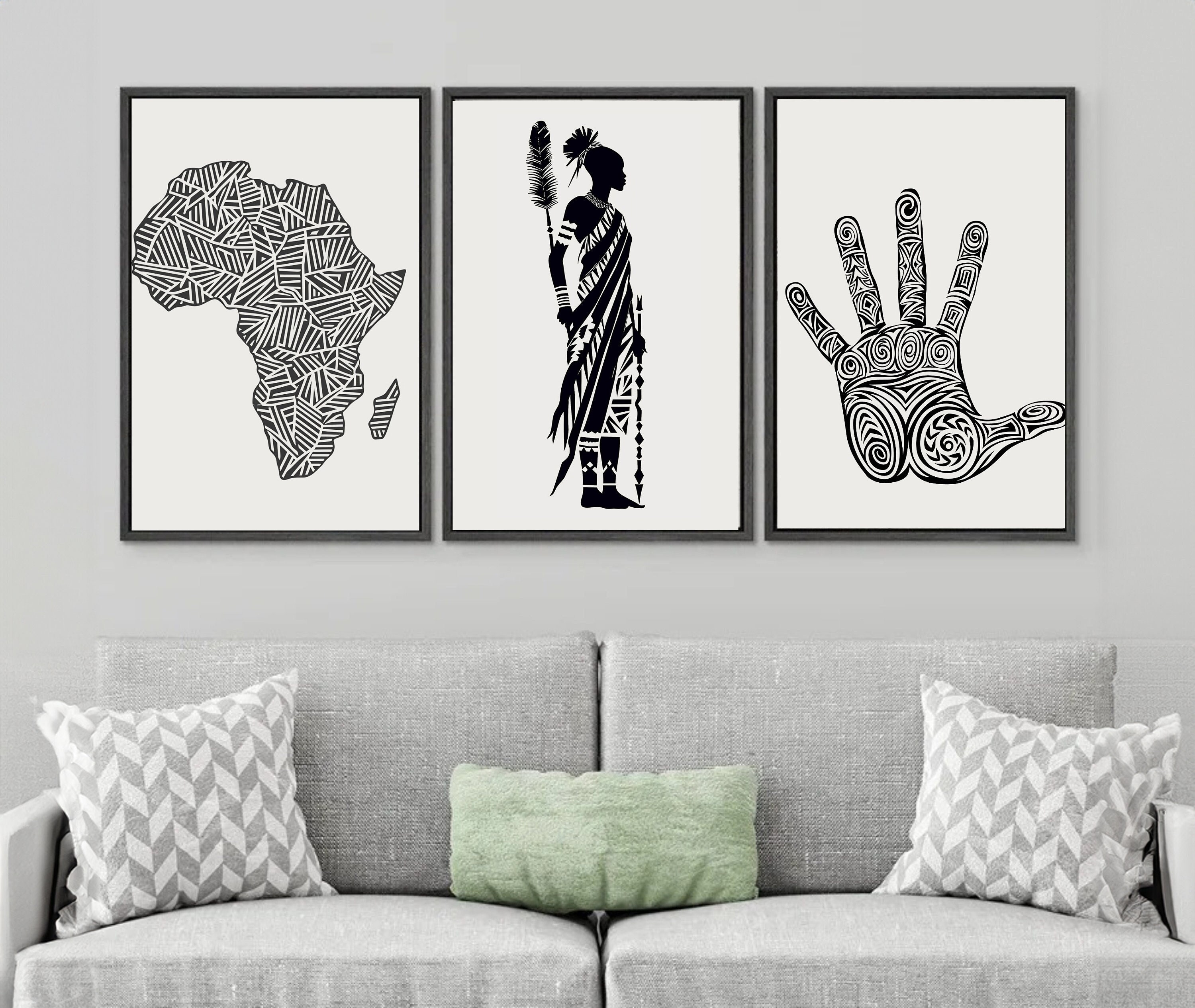 African Art Print Set of Three, Tribal Black and White Wall Art, Afro ...