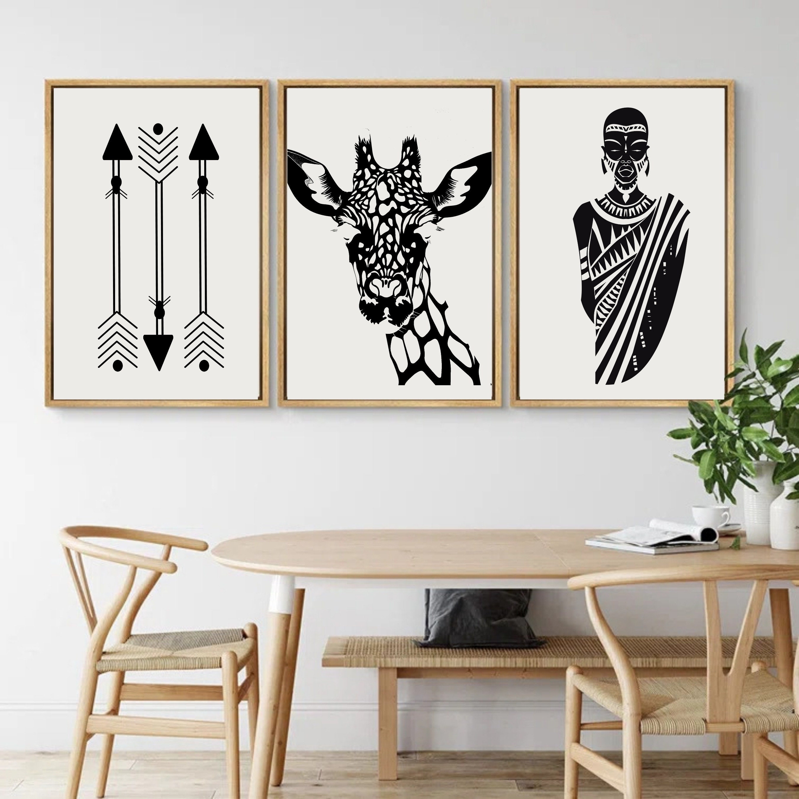 African Art Print Set of Three, Tribal Black and White Wall Art, Afro ...