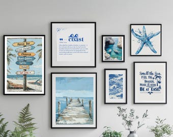 Juego de 7 impresiones de arte de pared costero, impresiones de arte de verano, decoración de arte de pared de casa de playa, decoración náutica, impresión de arte de paisaje marino, arte de pared ecléctico