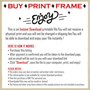 Puede incluir: Anuncio de archivo imprimible de color crema con las palabras "BUY PRINT FRAME" en rojo. La palabra "Enjoy" est&aacute; escrita en una fuente cursiva. El texto explica el proceso de descarga instant&aacute;nea y las restricciones de uso.
