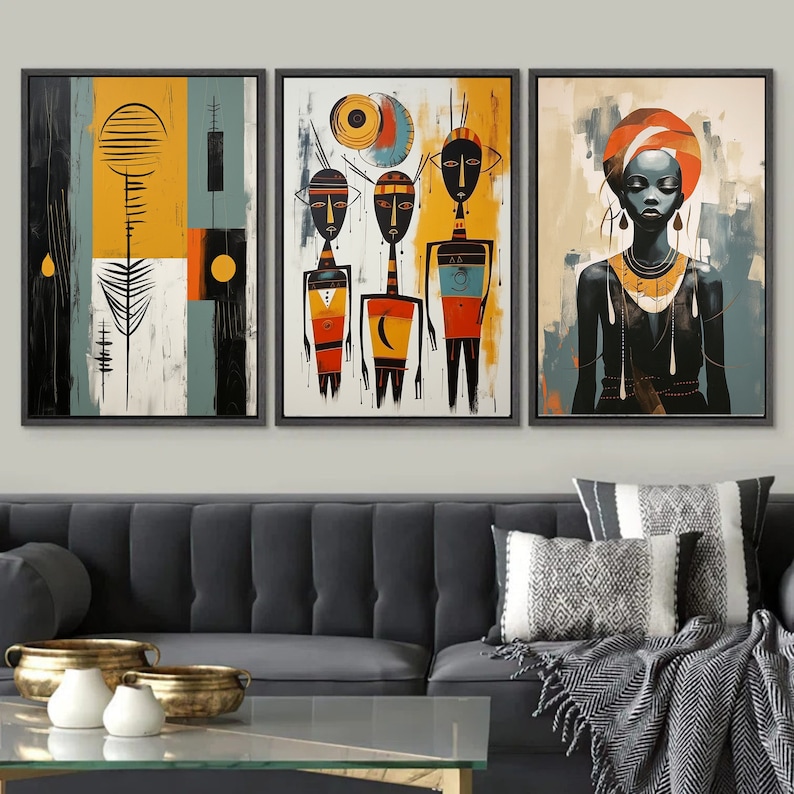 African Wall Art Set, Black Woman Art, Modern African American Art Set