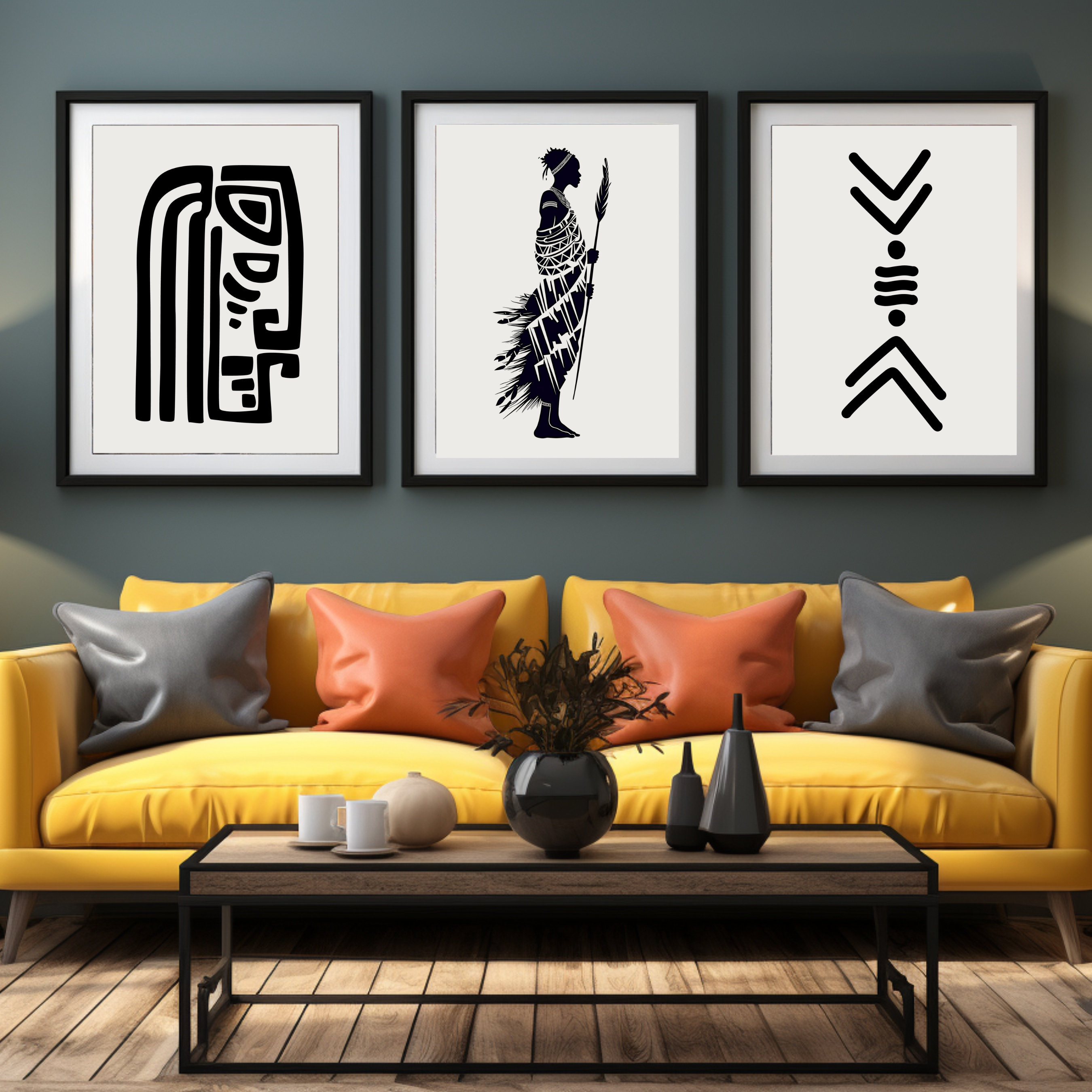 African Art Print Set of Three, Tribal Black and White Wall Art, Afro ...