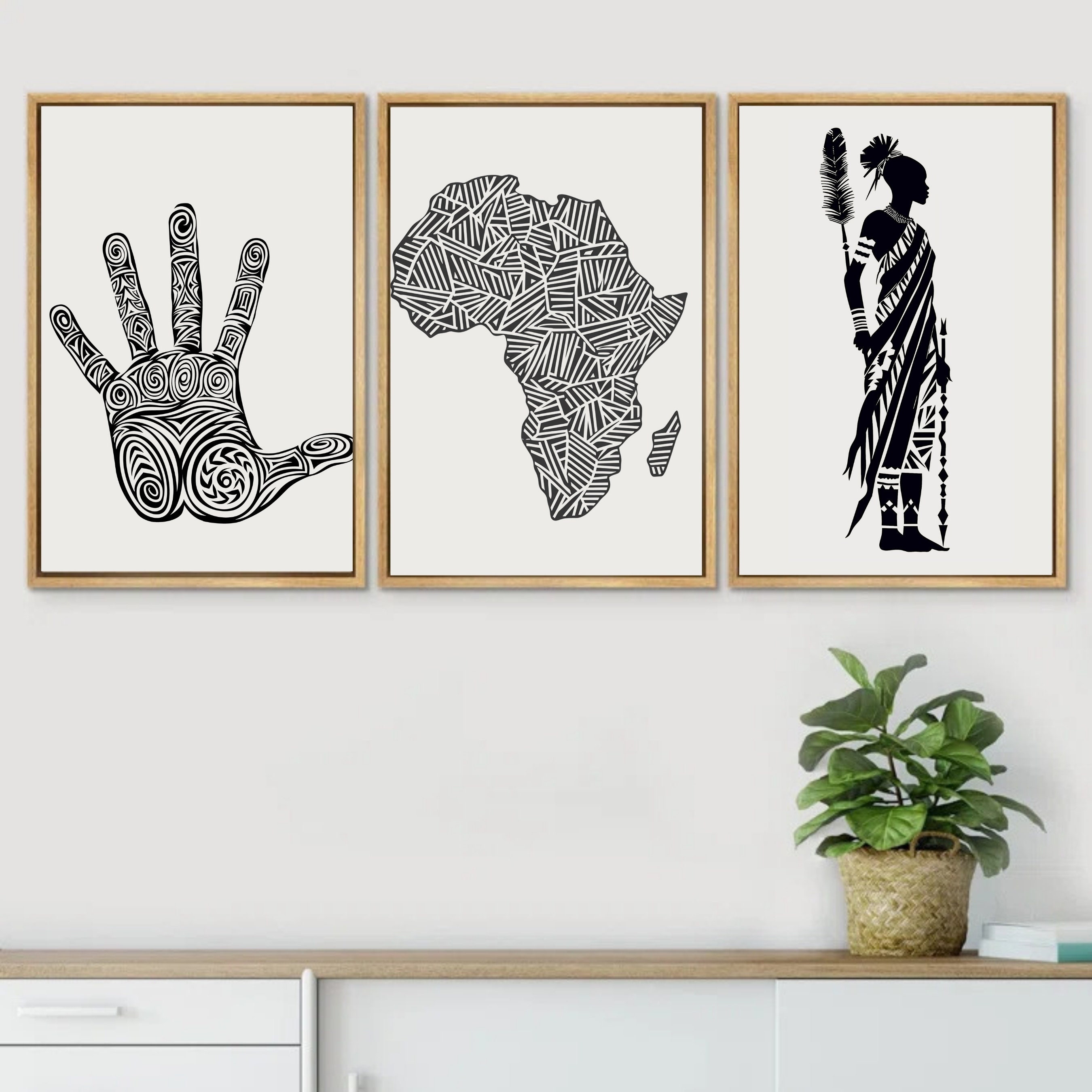 African Art Print Set of Three, Tribal Black and White Wall Art, Afro ...