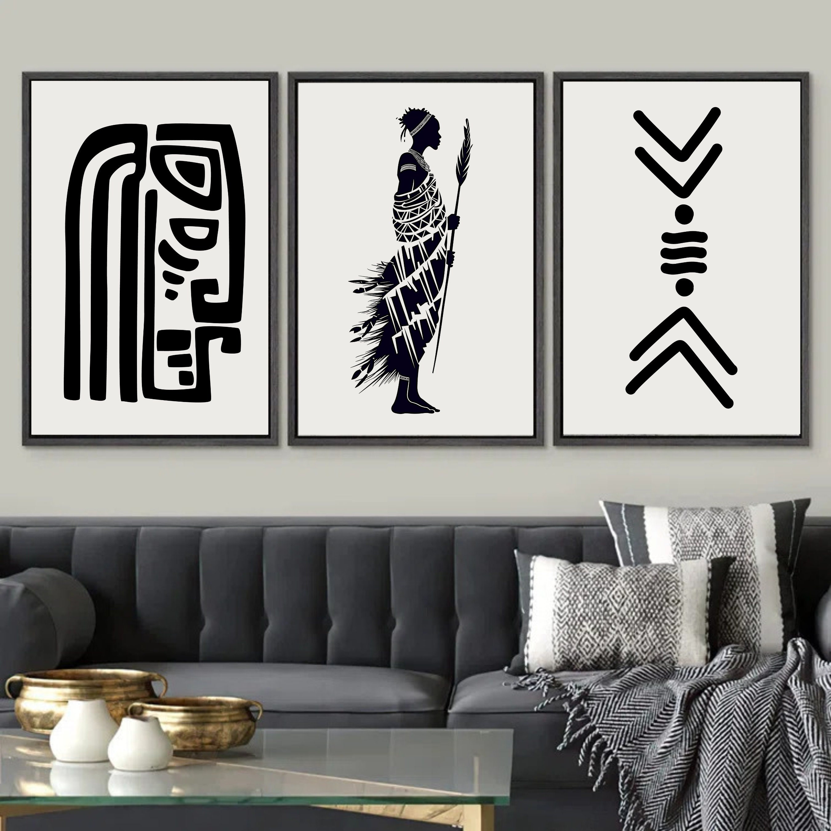 African Art Print Set of Three, Tribal Black and White Wall Art, Afro ...