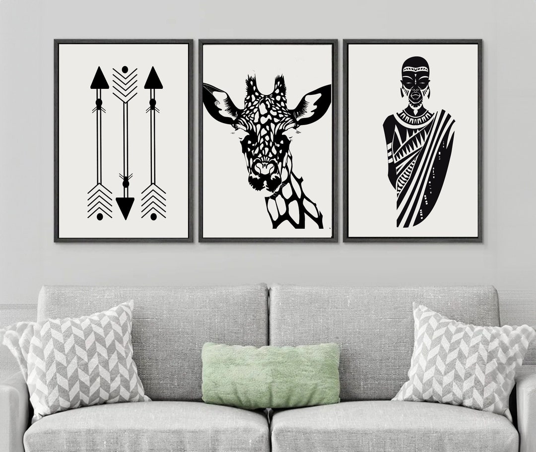 African Art Print Set of Three, Tribal Black and White Wall Art, Afro ...