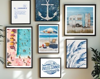 Juego de 7 impresiones de arte de pared costero, arte de pared náutico, decoración de arte de pared de casa de playa, arte de playa boho, impresión de arte de pared oceánico, impresiones de verano