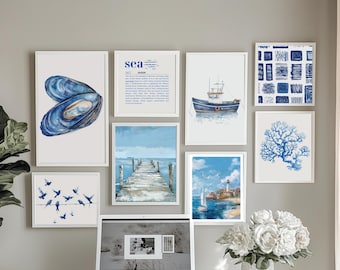 Juego de 8 impresiones de arte de pared costero, arte de pared náutico, decoración de pared de casa de playa, pinturas costeras, impresión de arte de pared oceánico, arte de playa bohemio