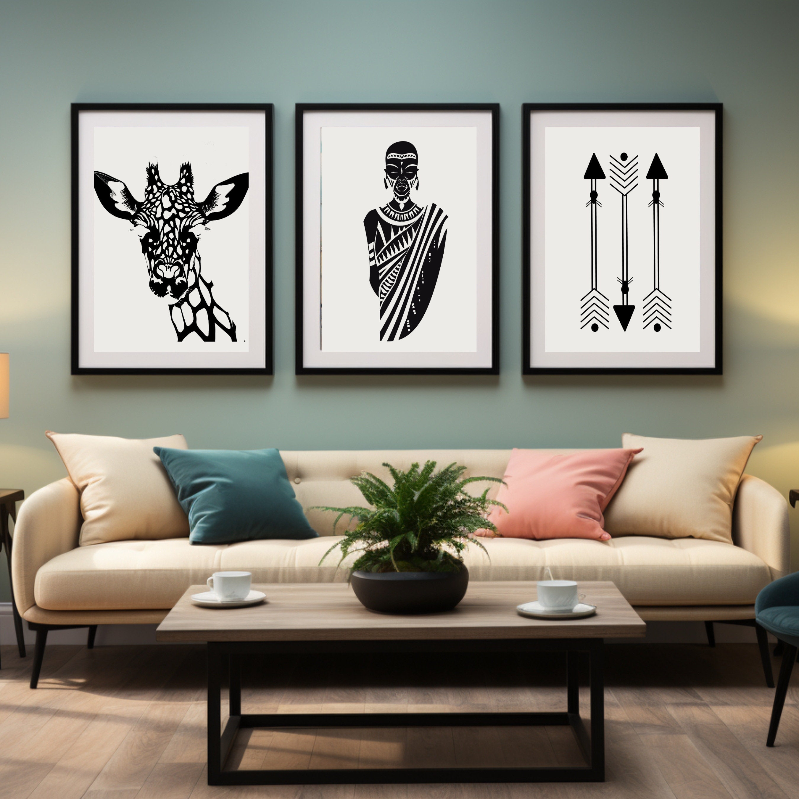 African Art Print Set of Three, Tribal Black and White Wall Art, Afro ...