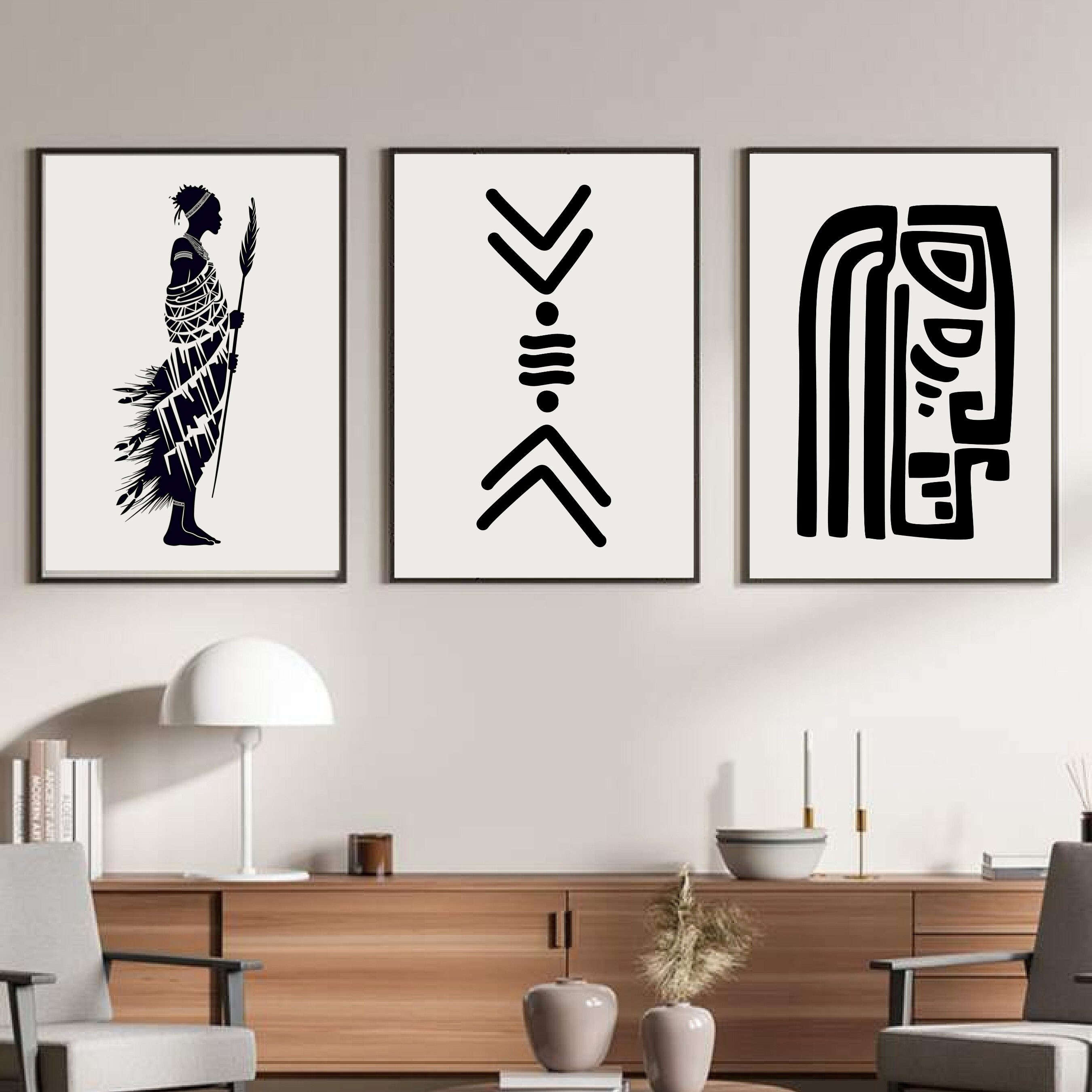 African Art Print Set of Three, Tribal Black and White Wall Art, Afro ...
