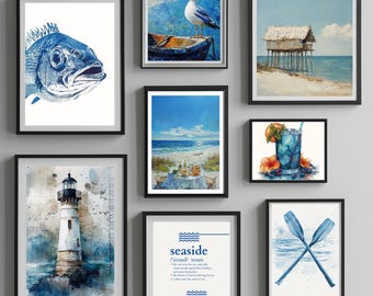 Juego de 8 impresiones de arte de pared costero, arte de pared náutico, decoración de pared de casa de playa, pinturas costeras, impresión de arte de pared oceánico, arte de playa bohemio
