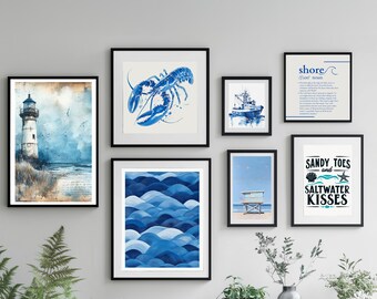 Juego de 7 impresiones de arte de pared costero, impresión de arte de pared de moda, decoración de arte de pared de casa de playa, decoración náutica, decoración costera bohemia, arte de pared ecléctico
