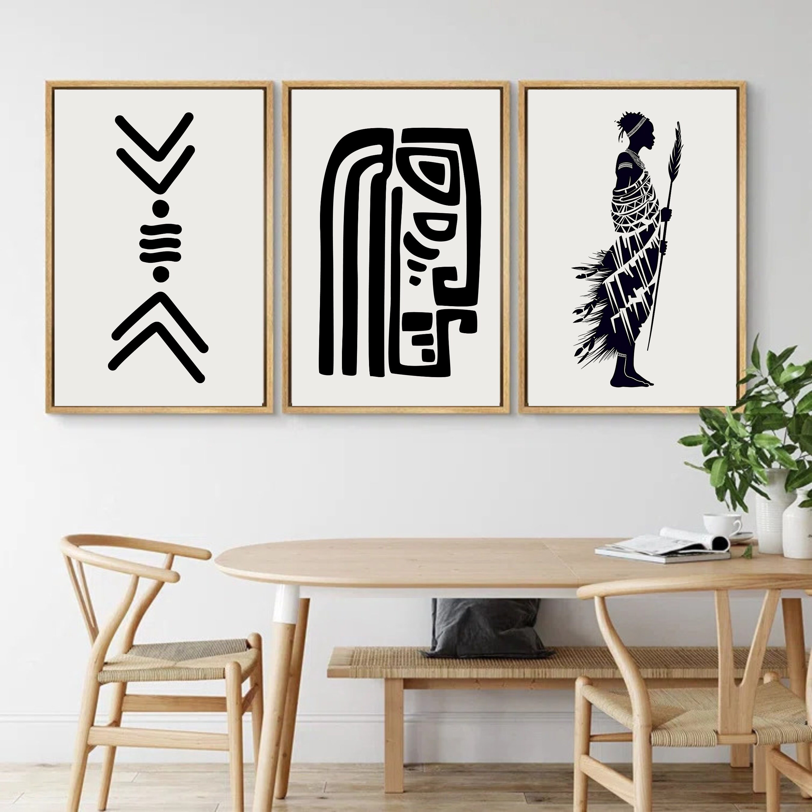 African Art Print Set of Three, Tribal Black and White Wall Art, Afro ...