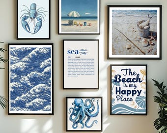 Juego de 7 impresiones de arte de pared costero, arte de pared náutico, decoración de pared de casa de playa, decoración náutica, impresión de arte de pared oceánica, impresión de arte de paisaje marino