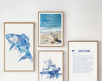 Juego de 4 impresiones de arte de pared costero, impresión de arte de pared de pesca, impresión de arte de paisaje marino, decoración náutica, arte de playa bohemio, decoración de pared de pesca